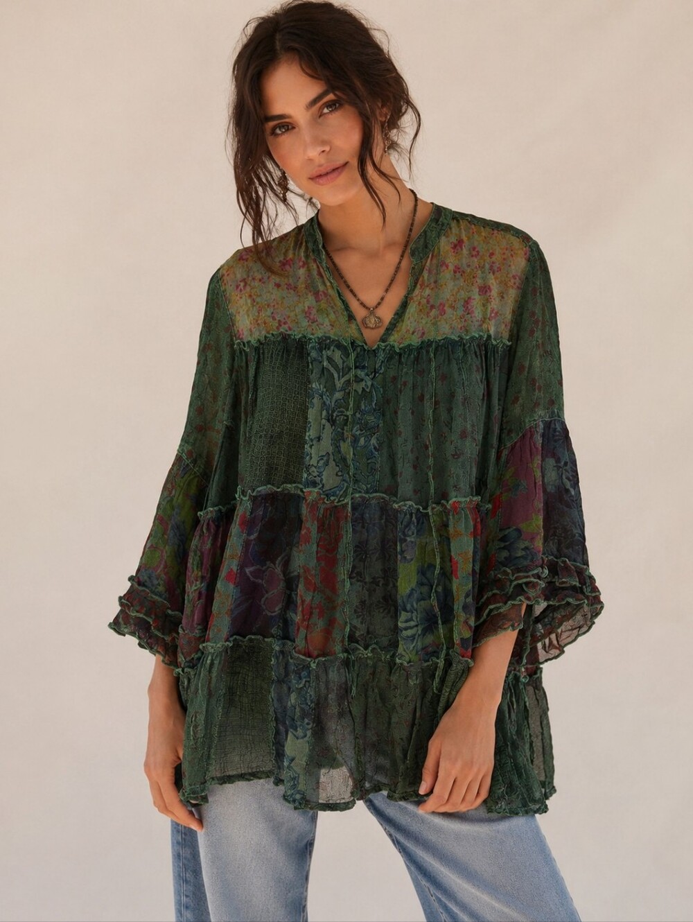 Young Threads Patchwork Boho Tunic Top | Fairy Grunge Cottagecore Gauze Blouse
